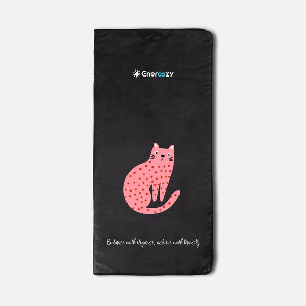 Enercozy 'Gentle Feline Grace' Infrared Sauna Blanket featuring an elegant design, representing graceful balance and determination while providing soothing warmth.