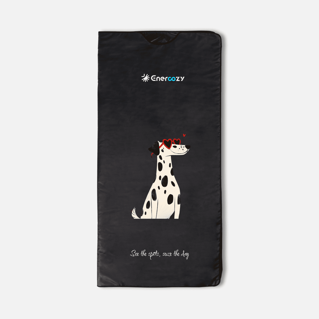 Enercozy 'Spotted Sentinel' Infrared Sauna Blanket showcasing its distinctive spotted design, symbolizing the ability to seize the moment and enhance relaxation.