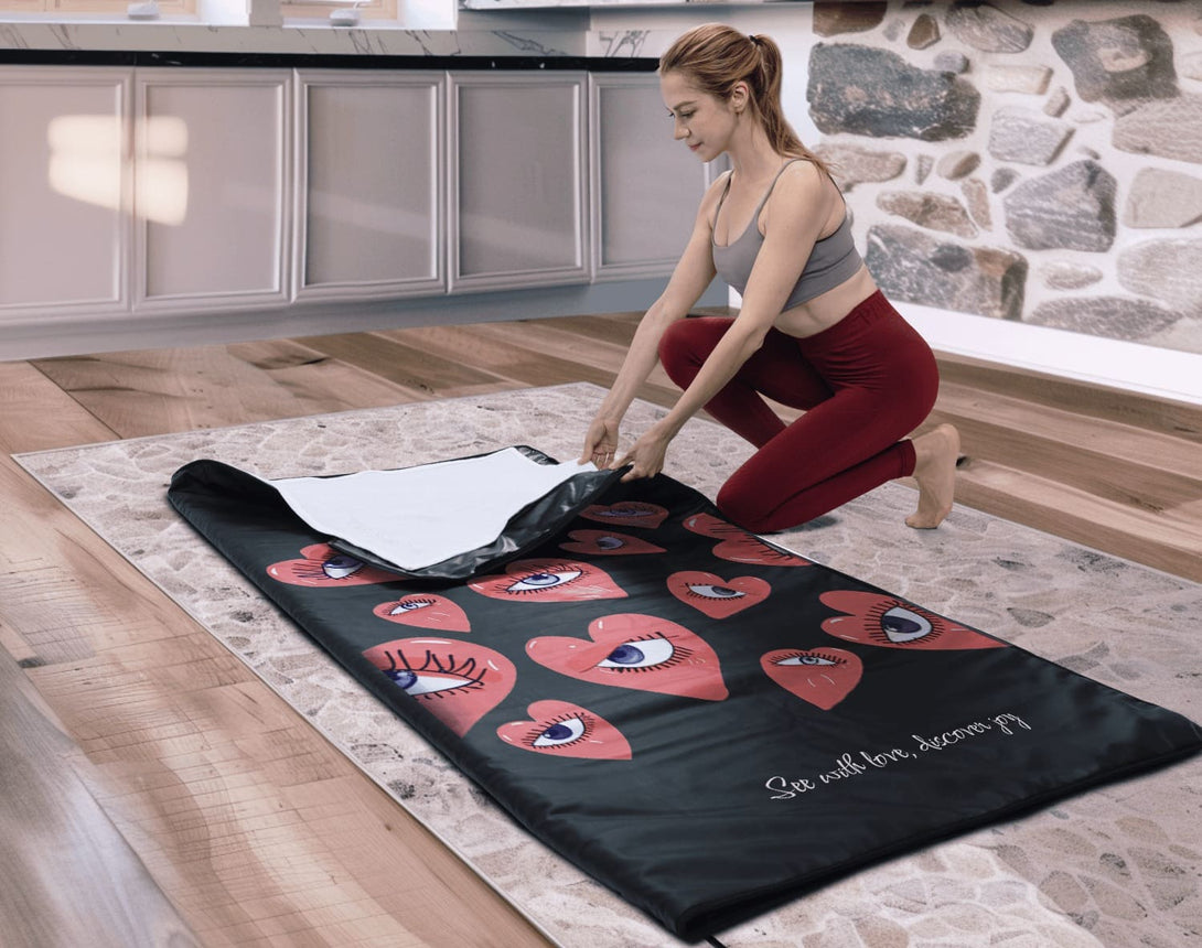 Enercozy 'Where Eyes Meet Love' Infrared Sauna Blanket: Experience calming heat and relaxation, enriching moments with love and appreciation for beauty.